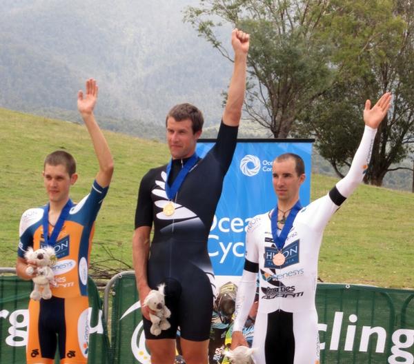 Paul Odlin on the podium after winning the time trial at the Oceania Road Cycling Championships in Canberra yesterday.